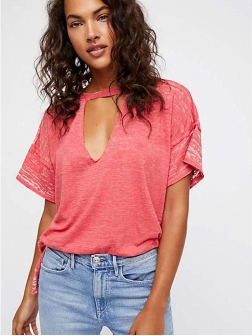 We The Free for Free People Pink Jordan Keyhole Neck Burnout Tee Size XS Casual